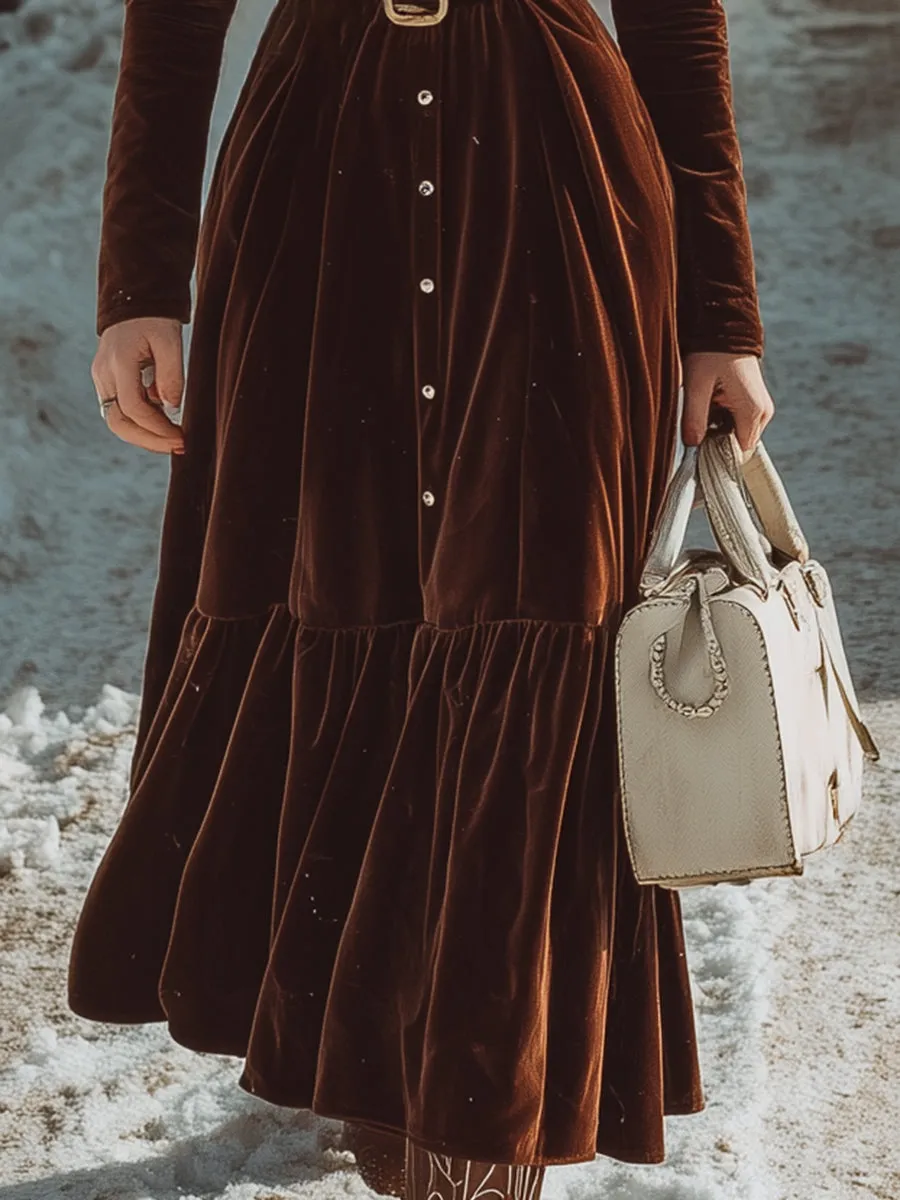 Western Brown Velvet Lapel Button-stitched Pleated Maxi Dress sold by Oyrosy product image thumbnail 4