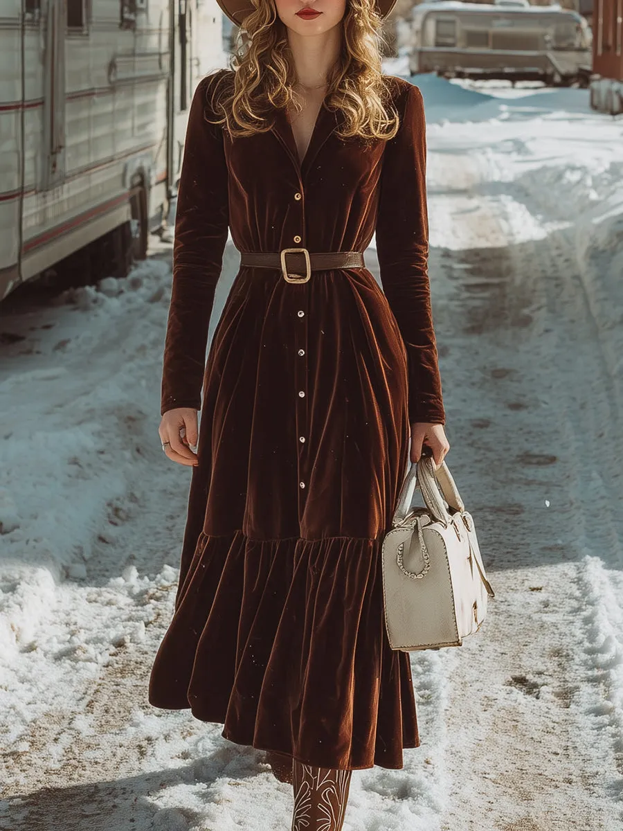 Western Brown Velvet Lapel Button-stitched Pleated Maxi Dress sold by Oyrosy