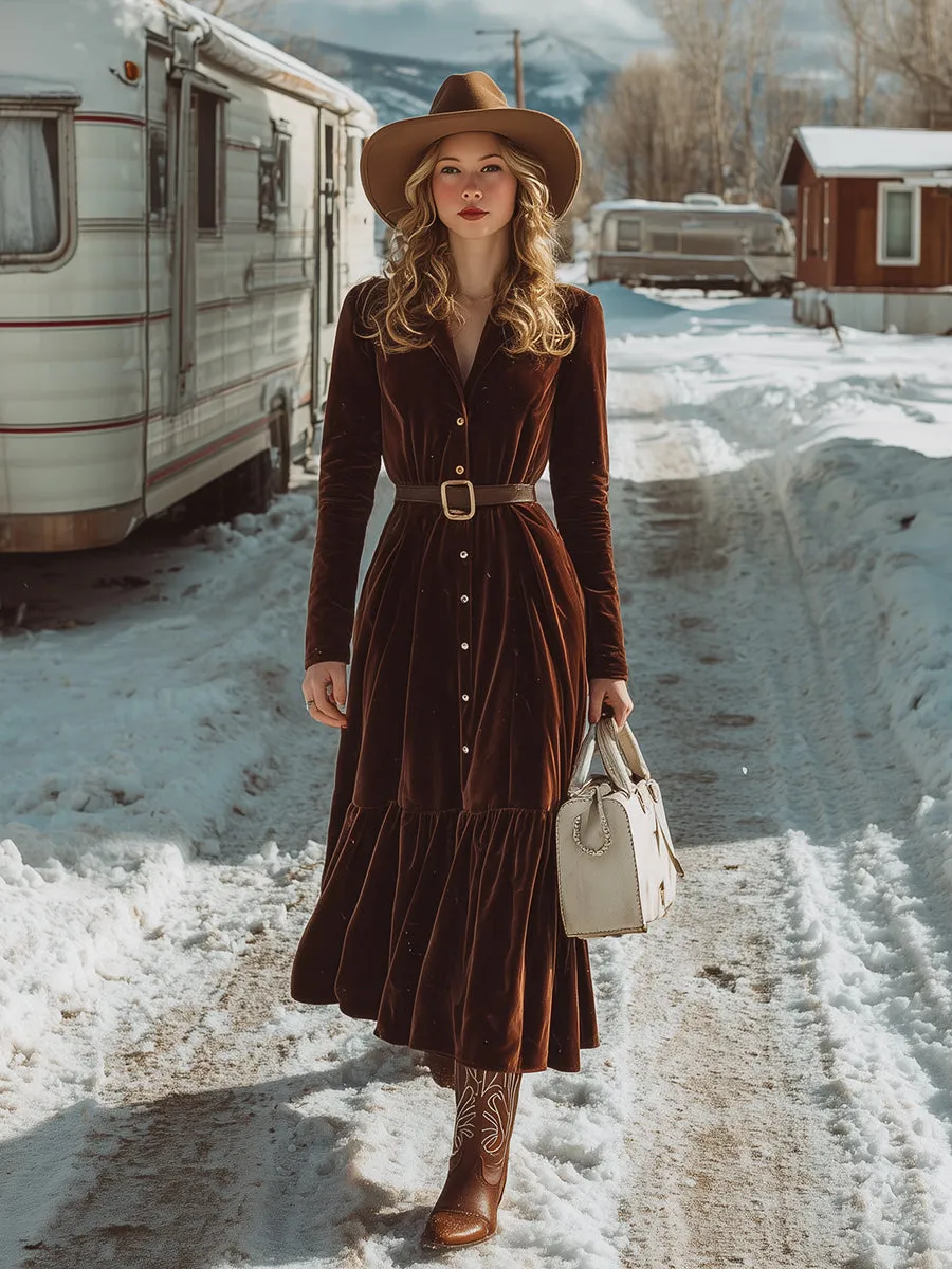 Western Brown Velvet Lapel Button-stitched Pleated Maxi Dress sold by Oyrosy product image thumbnail 2