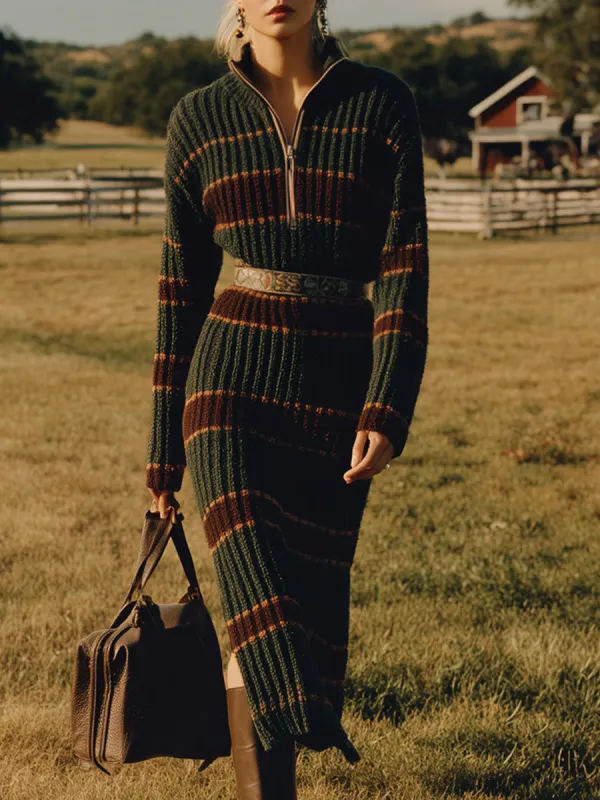 Retro Dark Green Knitted Striped Half-Zip Tie Slit Midi Dress sold by Oyrosy