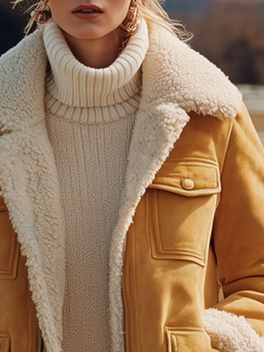 Western Vintage Polar Fleece Lined Yellow Faux Suede Multi-Pocket Coat Jacket sold by Oyrosy product image thumbnail 3