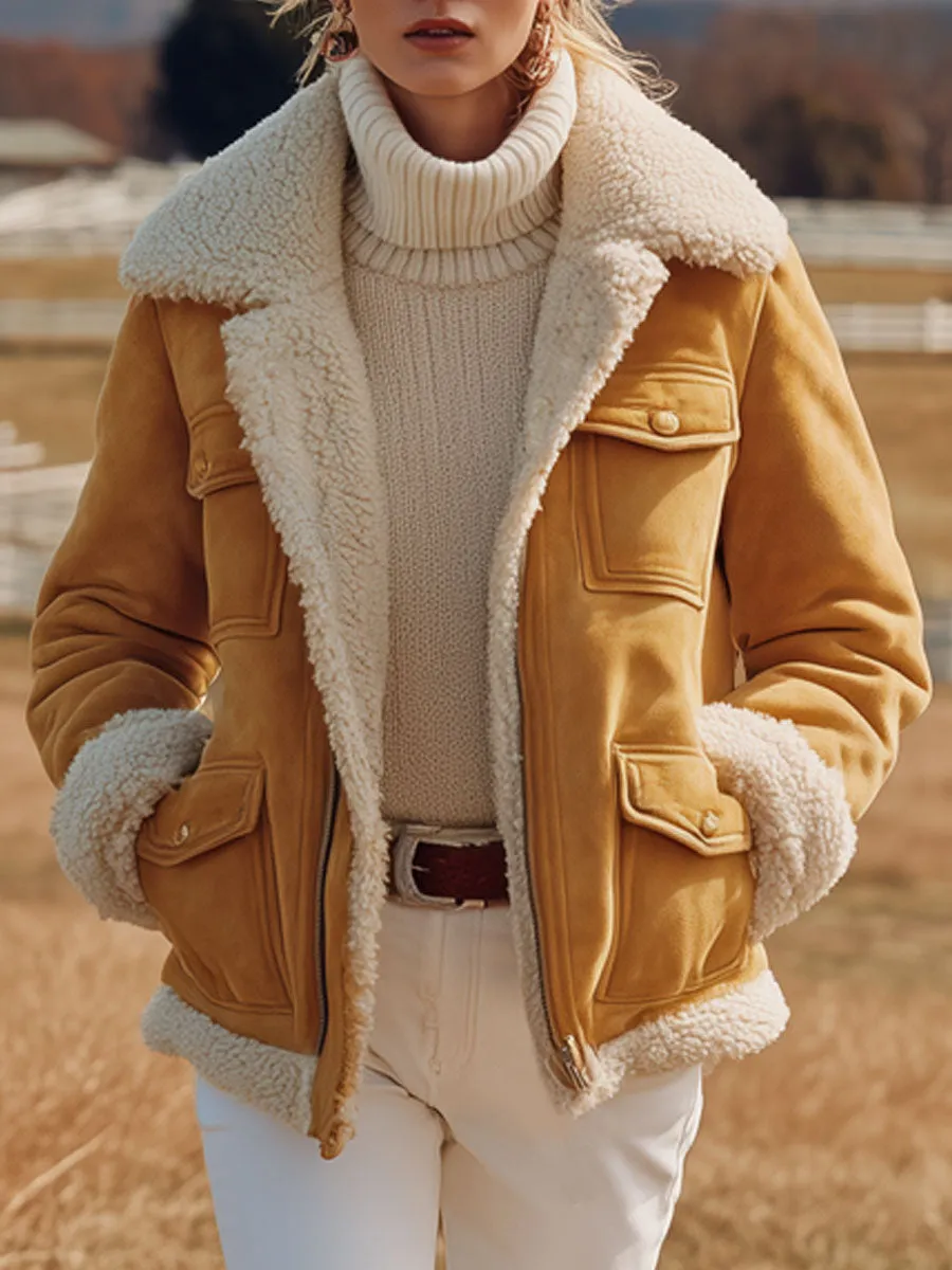 Western Vintage Polar Fleece Lined Yellow Faux Suede Multi-Pocket Coat Jacket sold by Oyrosy