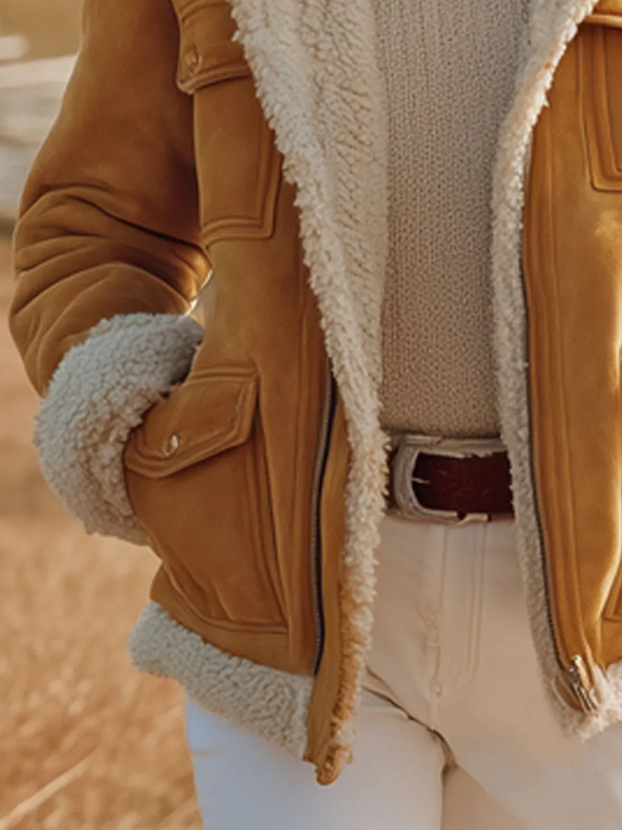 Western Vintage Polar Fleece Lined Yellow Faux Suede Multi-Pocket Coat Jacket sold by Oyrosy product image thumbnail 4