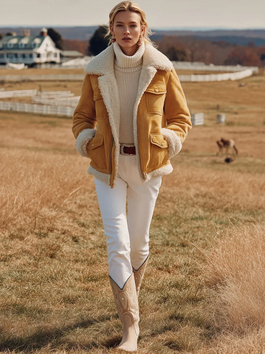 Western Vintage Polar Fleece Lined Yellow Faux Suede Multi-Pocket Coat Jacket sold by Oyrosy product image thumbnail 2