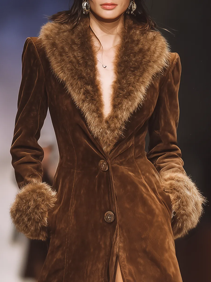 Outdoor Vintage Elegant Faux Fur Collar Suede Coat sold by Oyrosy product image thumbnail 3