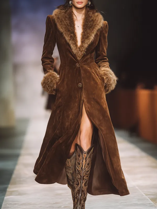 Outdoor Vintage Elegant Faux Fur Collar Suede Coat sold by Oyrosy