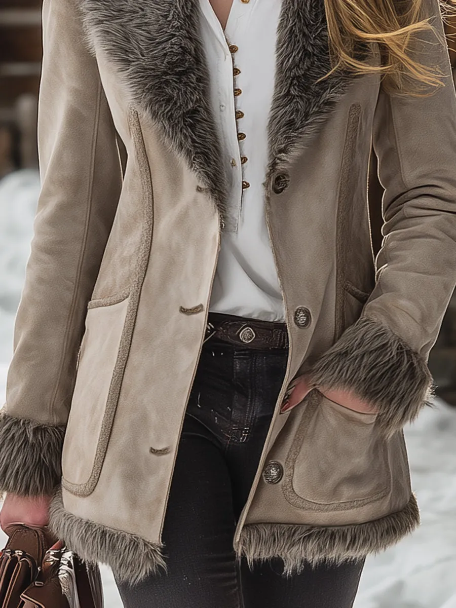 Vintage Warm Plush Trim Khaki Faux Suede Jacket sold by Oyrosy product image thumbnail 4