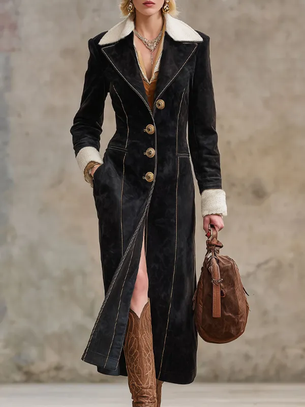 Western Style Sherpa Collar Single-breasted Faux Suede Coat sold by Oyrosy