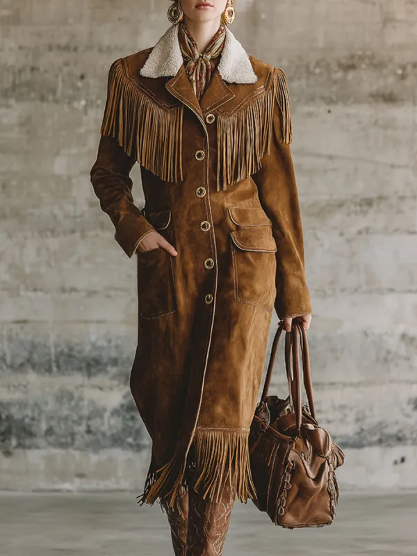 Western Style Sherpa Collar And Fringed Faux Suede Coat sold by Oyrosy