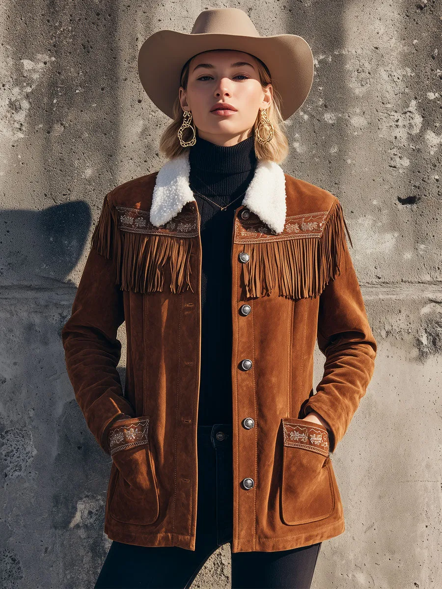 Western-style Sherpa Collar Embroidered Faux Suede Jacket sold by Oyrosy product image thumbnail 4