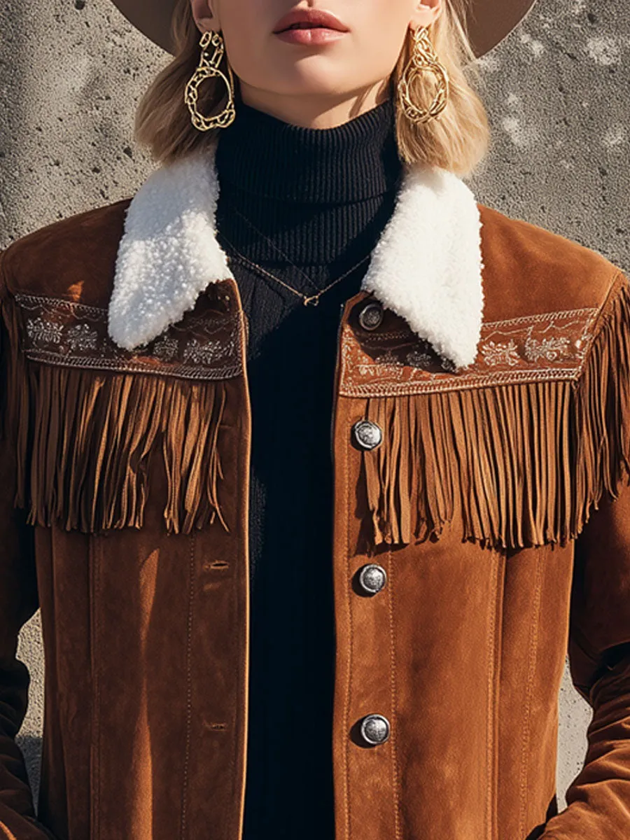 Western-style Sherpa Collar Embroidered Faux Suede Jacket sold by Oyrosy product image thumbnail 2