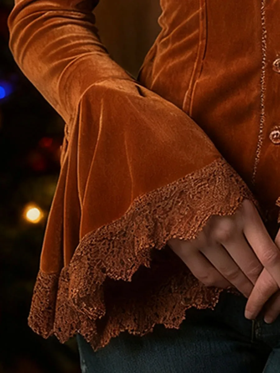Fashion Retro Caramel Brown Velvet V-Neck Lace Long-Sleeved Shirt sold by Oyrosy product image thumbnail 3