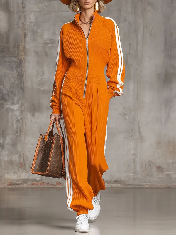 Retro Fashion Sports Orange Zipper V-Neck Knitted Jumpsuit sold by Oyrosy