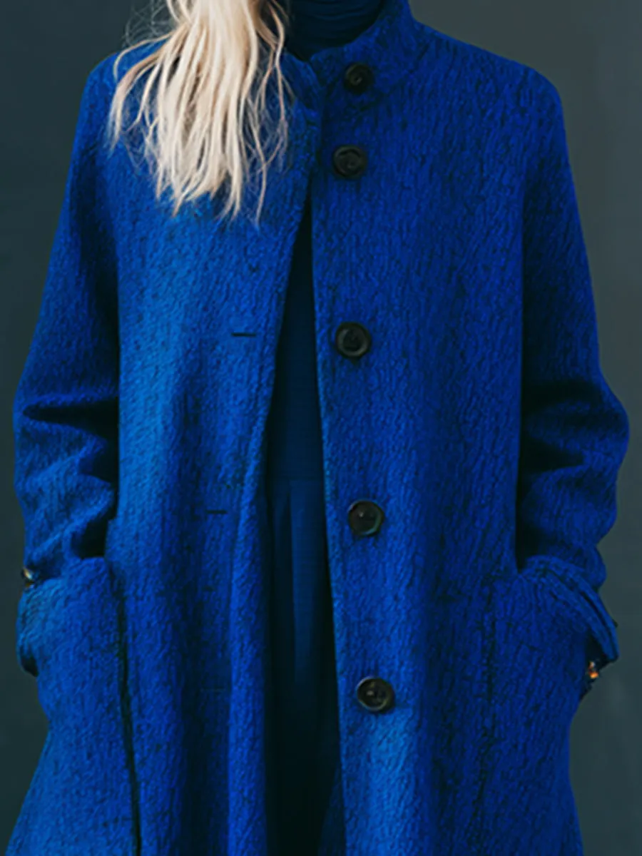 Elegant And Loose A-shaped Royal Blue Stand-up Collar Mid-length Coat sold by Oyrosy product image thumbnail 3
