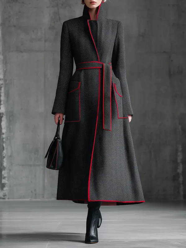 Simple And Stylish Red Trim Grey Herringbone Wool Coat sold by Oyrosy