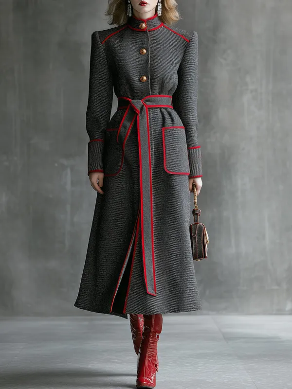 High-end Fashionable Stand-up Collar And Red Trim Gray Twill Woolen Coat sold by Oyrosy