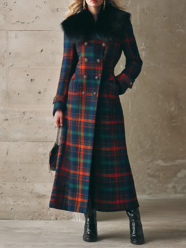 Retro And Fashionable Faux Fur Collar Long Plaid Woolen Coat sold by Oyrosy