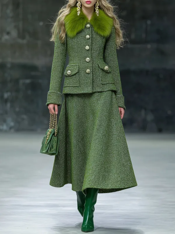 Retro Fashion Faux Fur Collar Tweed Jacket Skirt Set sold by Oyrosy