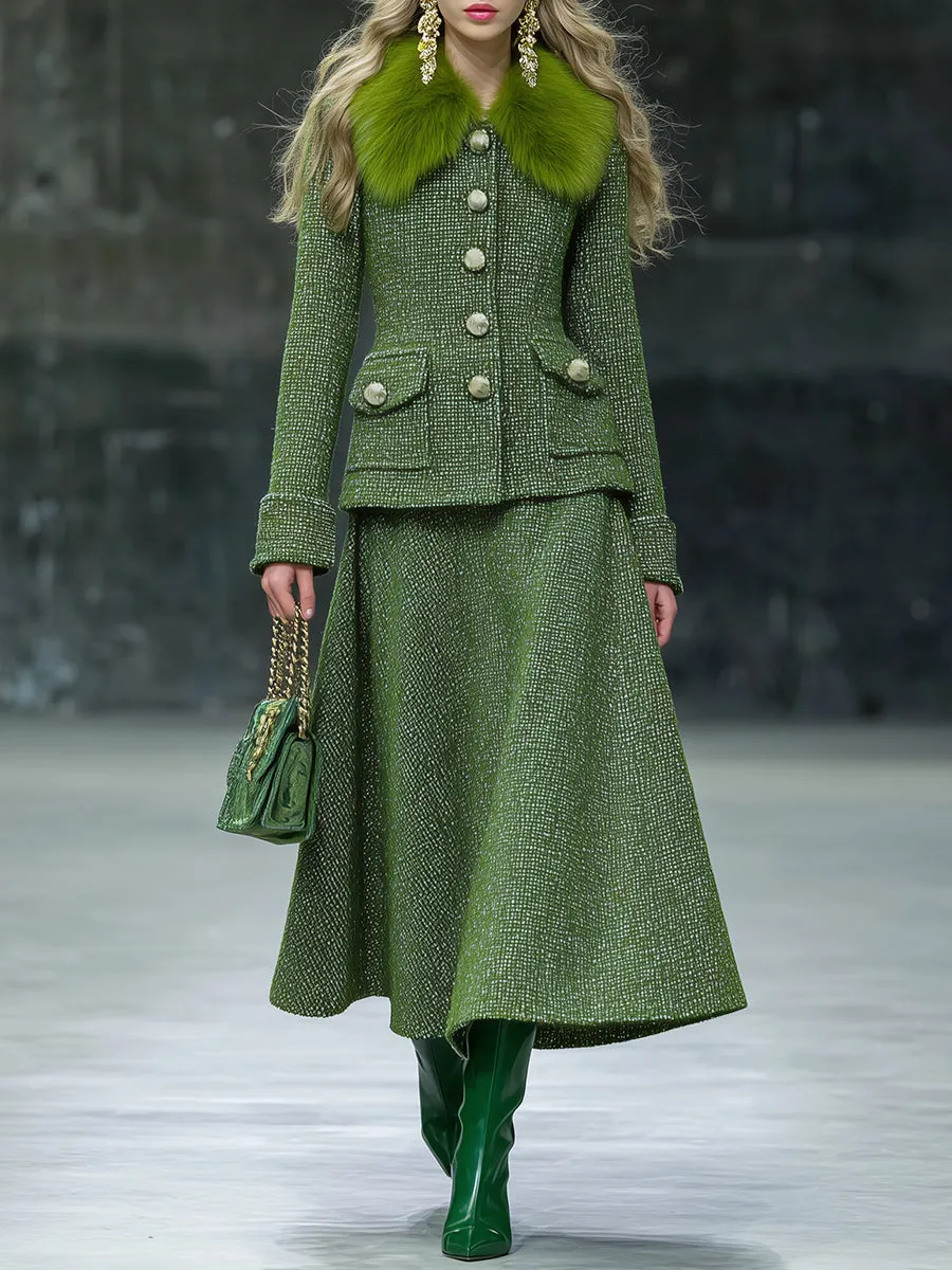 Retro Fashion Faux Fur Collar Tweed Jacket Skirt Set sold by Oyrosy