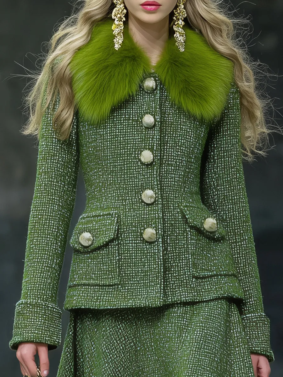 Retro Fashion Faux Fur Collar Tweed Jacket Skirt Set sold by Oyrosy product image thumbnail 3