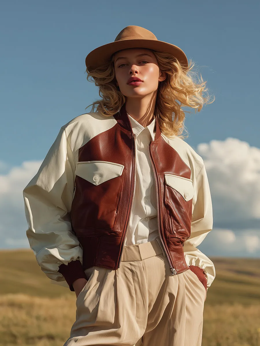 Fashionable Street Color-blocked Cropped Aviator Faux Leather Jacket sold by Oyrosy product image thumbnail 2