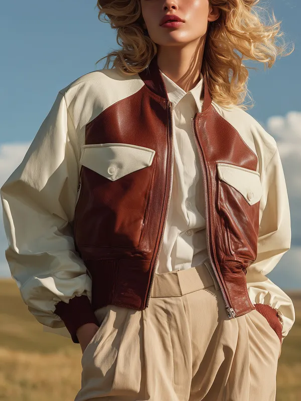 Fashionable Street Color-blocked Cropped Aviator Faux Leather Jacket sold by Oyrosy