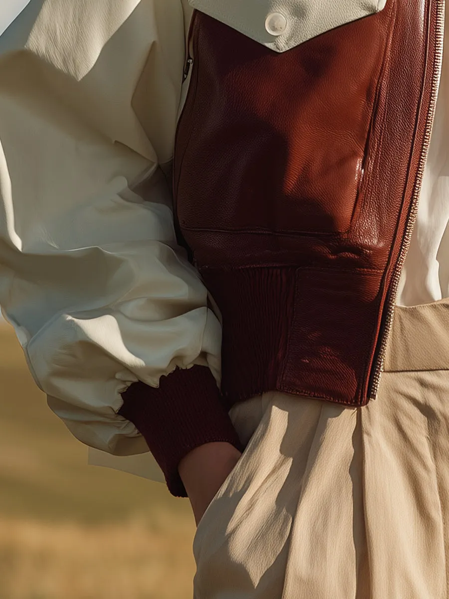 Fashionable Street Color-blocked Cropped Aviator Faux Leather Jacket sold by Oyrosy product image thumbnail 4