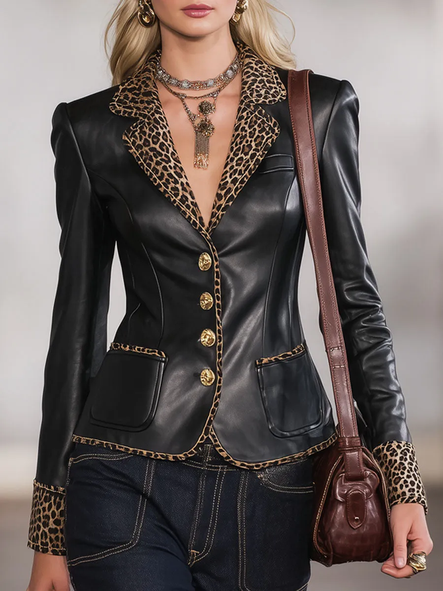 Lapel Faux Leather And Leopard Print Single-breasted Casual Blazer sold by Oyrosy