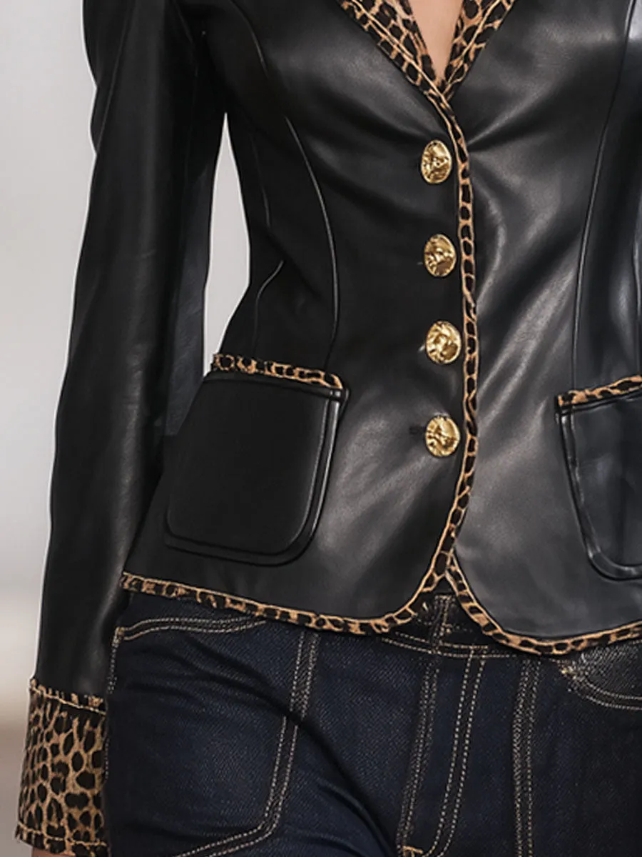 Lapel Faux Leather And Leopard Print Single-breasted Casual Blazer sold by Oyrosy product image thumbnail 3