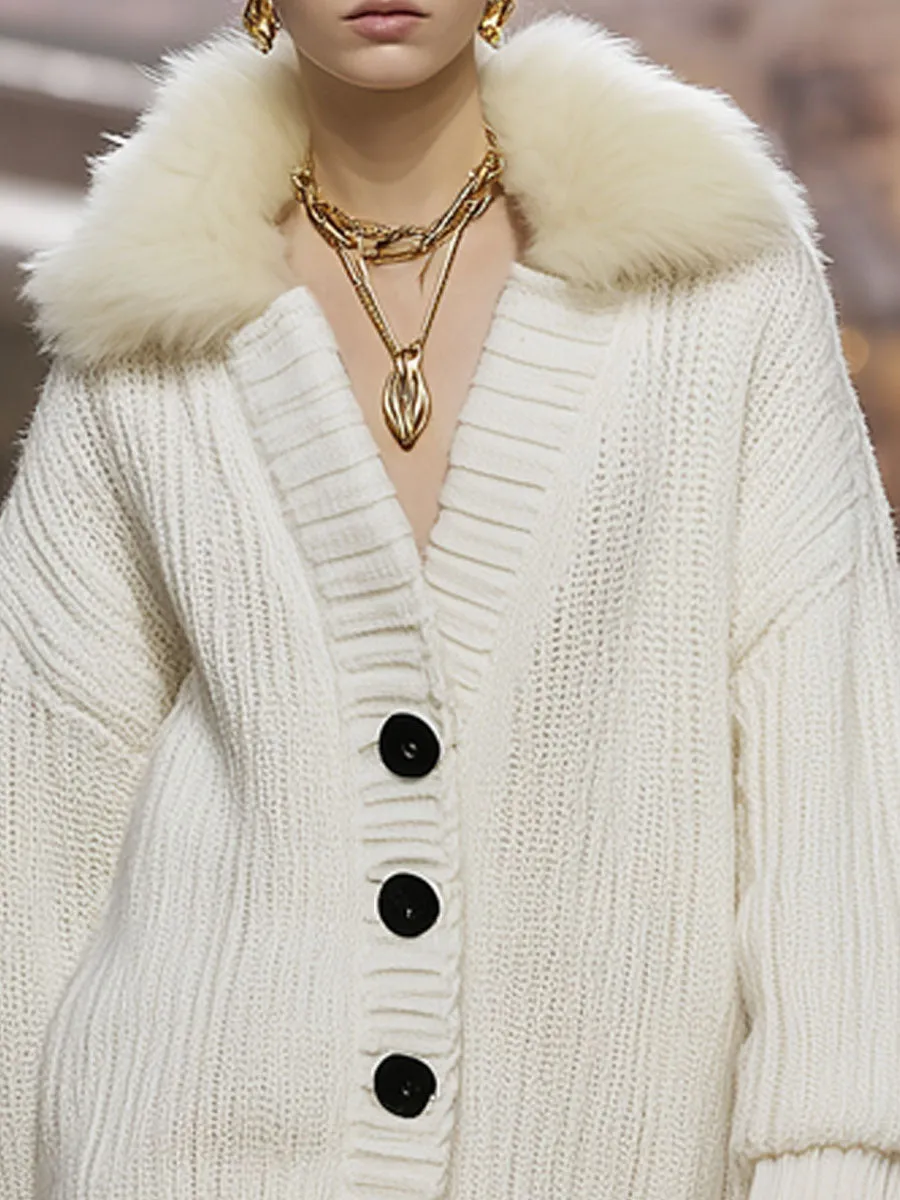 Loose Faux Fur Collar Mid-length Knitted Cardigan sold by Oyrosy product image thumbnail 2