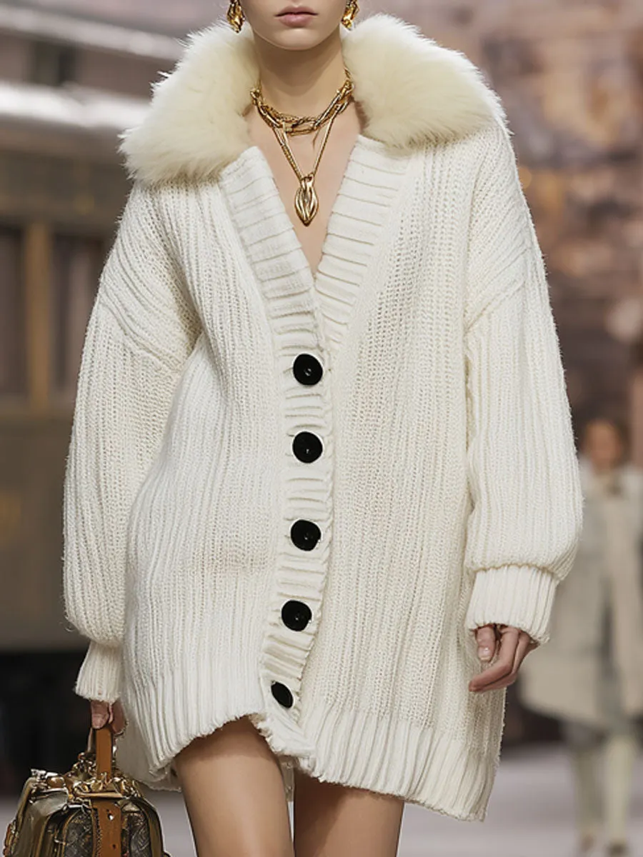 Loose Faux Fur Collar Mid-length Knitted Cardigan sold by Oyrosy