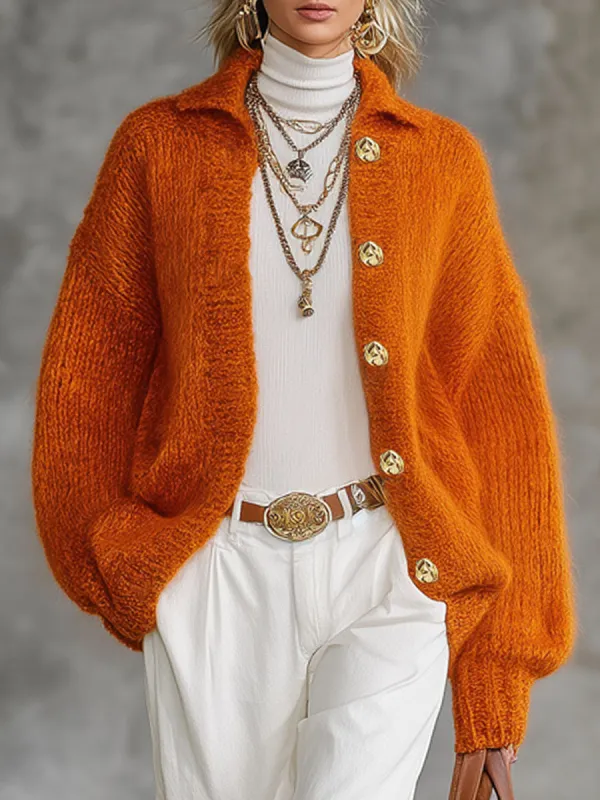 Orange Lapel Single-breasted Knitted Cardigan sold by Oyrosy