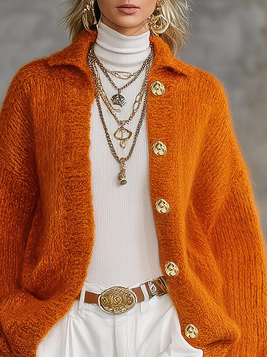 Orange Lapel Single-breasted Knitted Cardigan sold by Oyrosy product image thumbnail 2