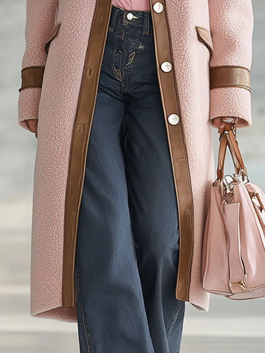 Western Retro Brown Pu Trim Pink Polar Fleece Long Coat sold by Oyrosy product image thumbnail 4