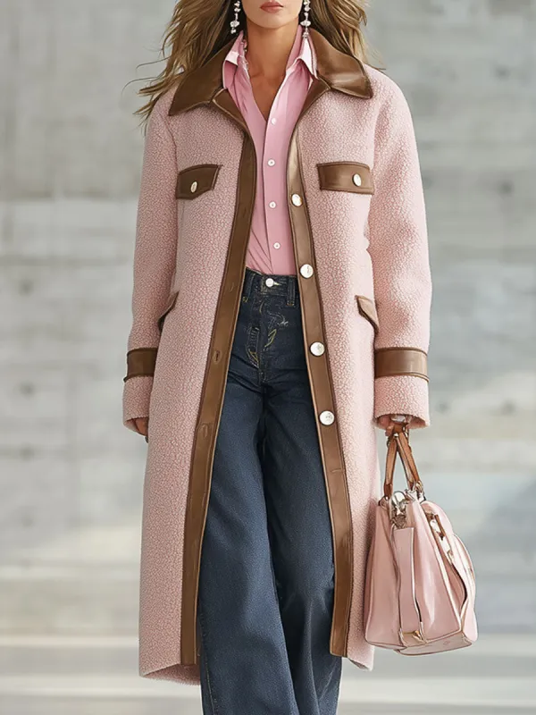 Western Retro Brown Pu Trim Pink Polar Fleece Long Coat sold by Oyrosy