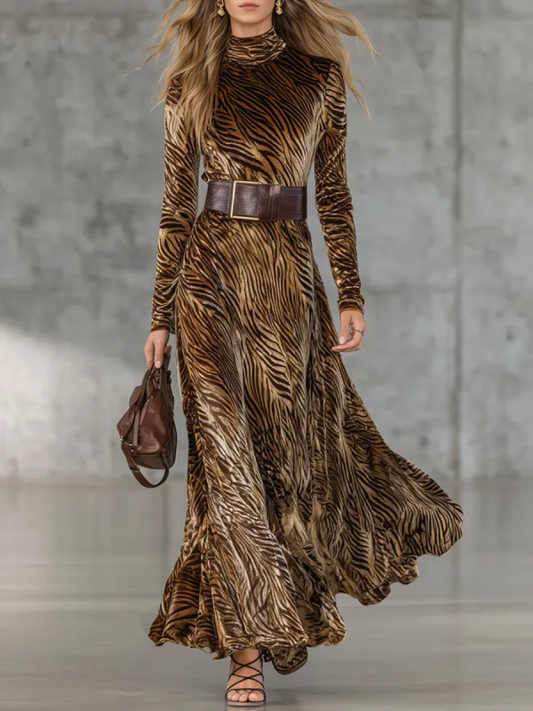 Western Retro Gold Velvet Zebra Print Lace-Up Long Sleeve Maxi Dress sold by Oyrosy