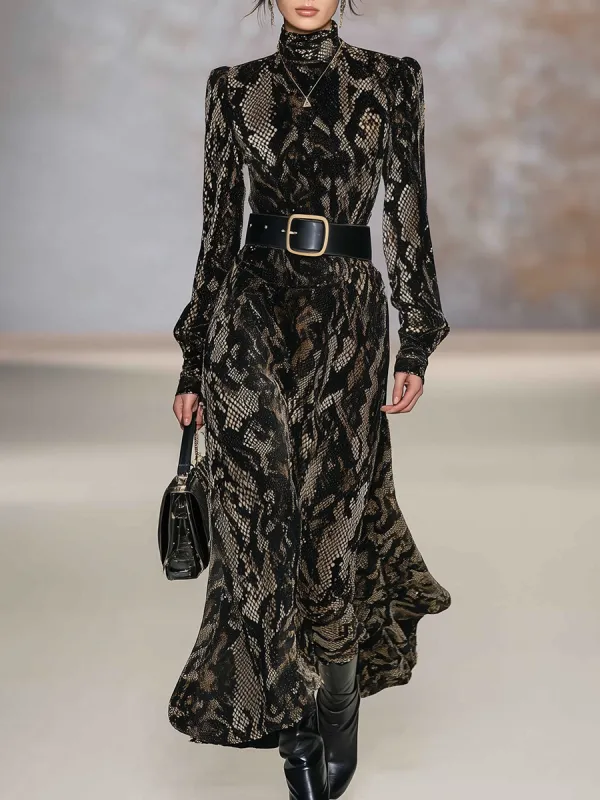 Fashionable And Sexy Snake Print Stand Collar Long Sleeve Velvet Maxi Dress sold by Oyrosy