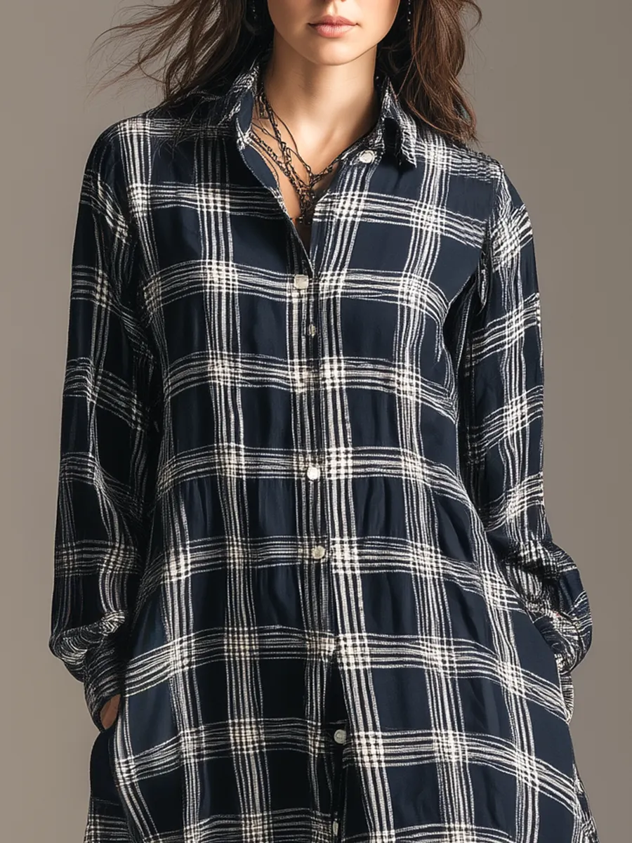 Retro Lapel Plaid Loose Long-sleeved Maxi Dress sold by Oyrosy product image thumbnail 3