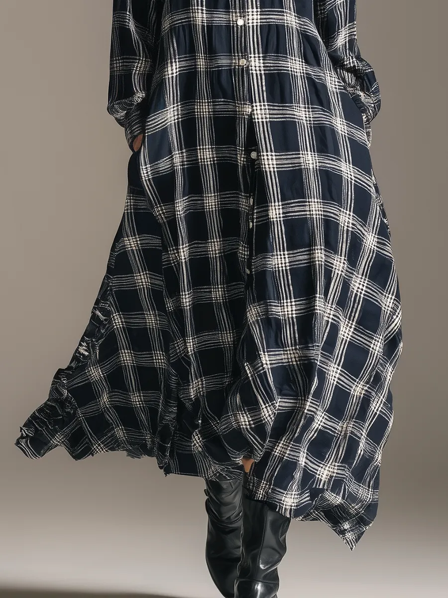 Retro Lapel Plaid Loose Long-sleeved Maxi Dress sold by Oyrosy product image thumbnail 4