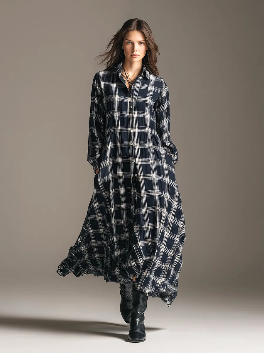 Retro Lapel Plaid Loose Long-sleeved Maxi Dress sold by Oyrosy product image thumbnail 2