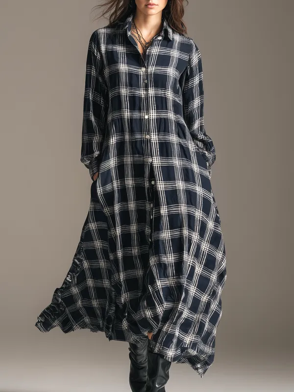 Retro Lapel Plaid Loose Long-sleeved Maxi Dress sold by Oyrosy