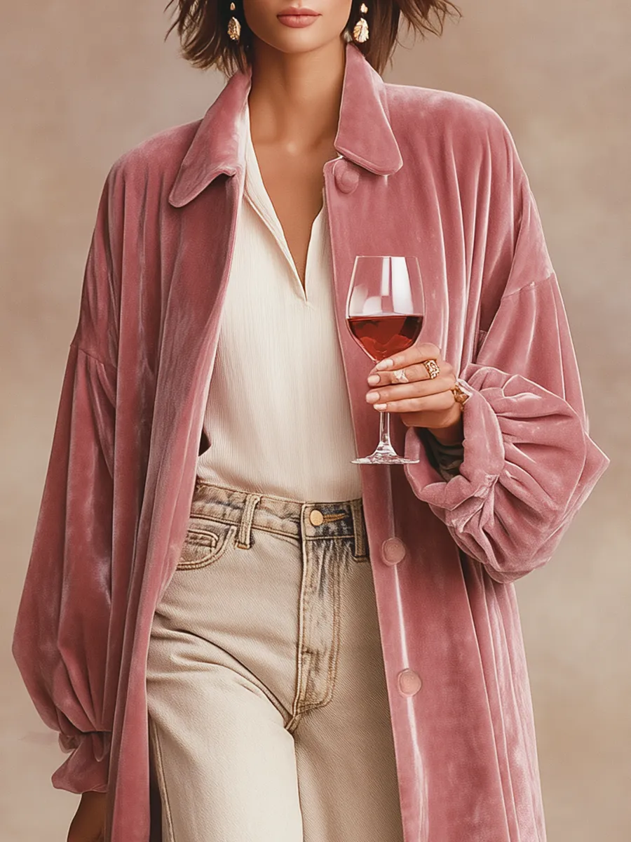 Elegant Solid Lapel Long Velvet Coat sold by Oyrosy product image thumbnail 3