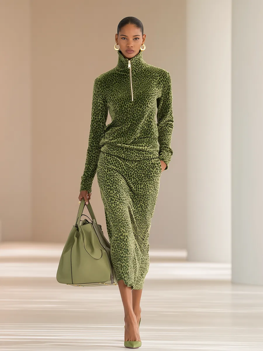 Sports Retro Leopard Print Stand Collar Velvet Top + Skirt Set sold by Oyrosy product image thumbnail 2