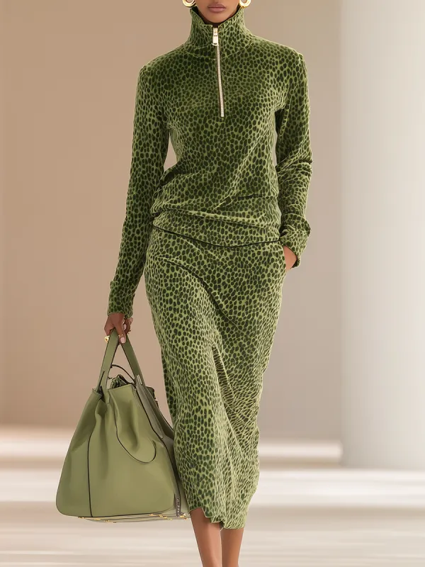 Sports Retro Leopard Print Stand Collar Velvet Top + Skirt Set sold by Oyrosy