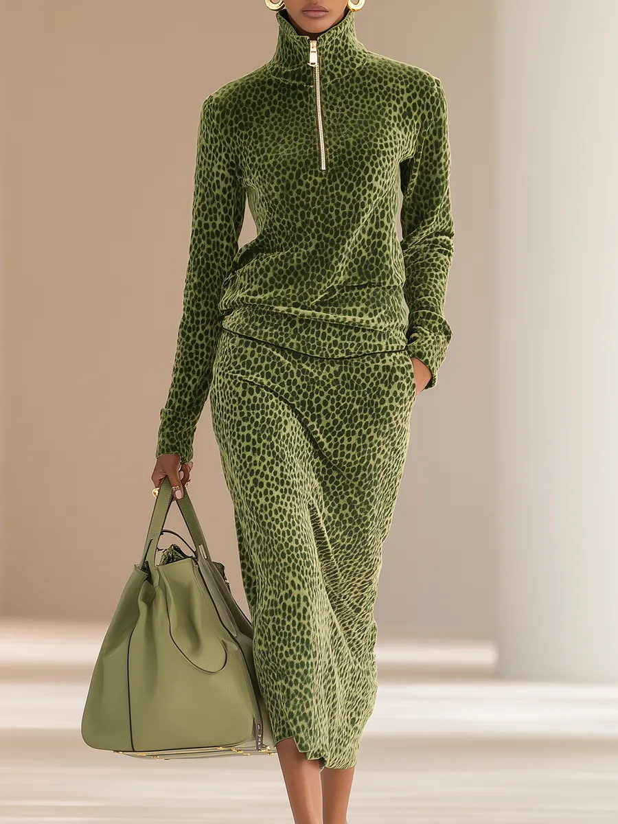 Sports Retro Leopard Print Stand Collar Velvet Top + Skirt Set sold by Oyrosy