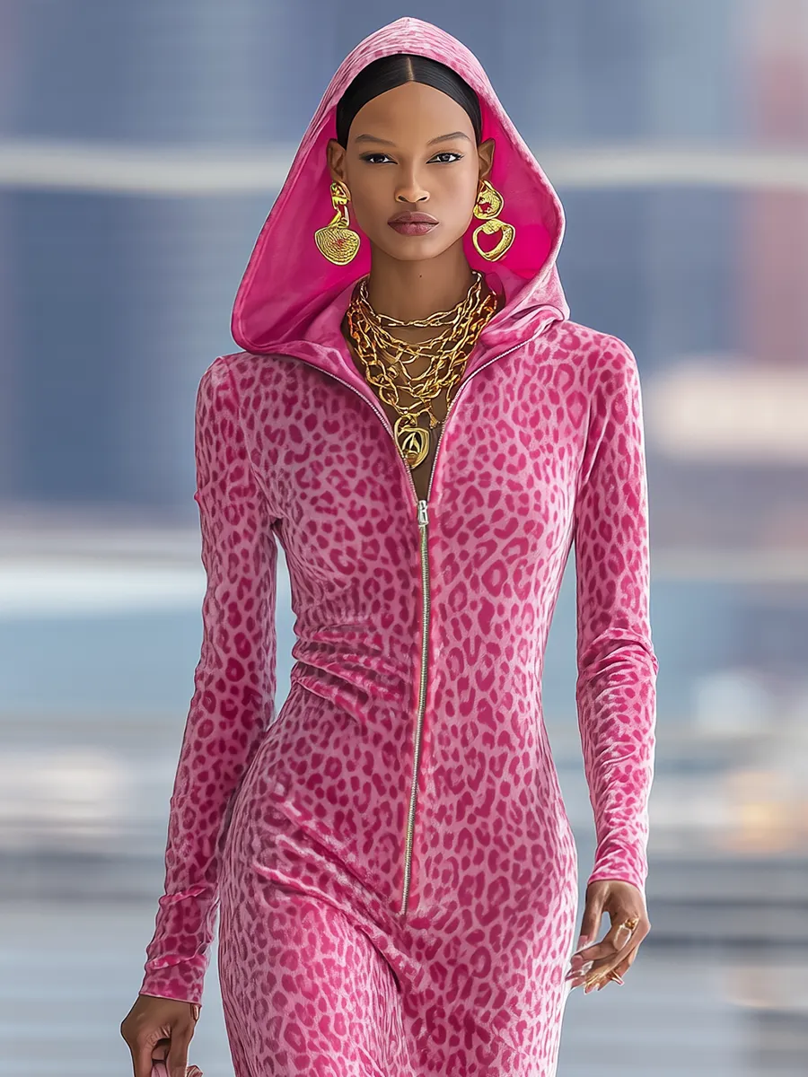 Sporty Zip-up Hooded Leopard-print Velvet Maxi Dress sold by Oyrosy product image thumbnail 4