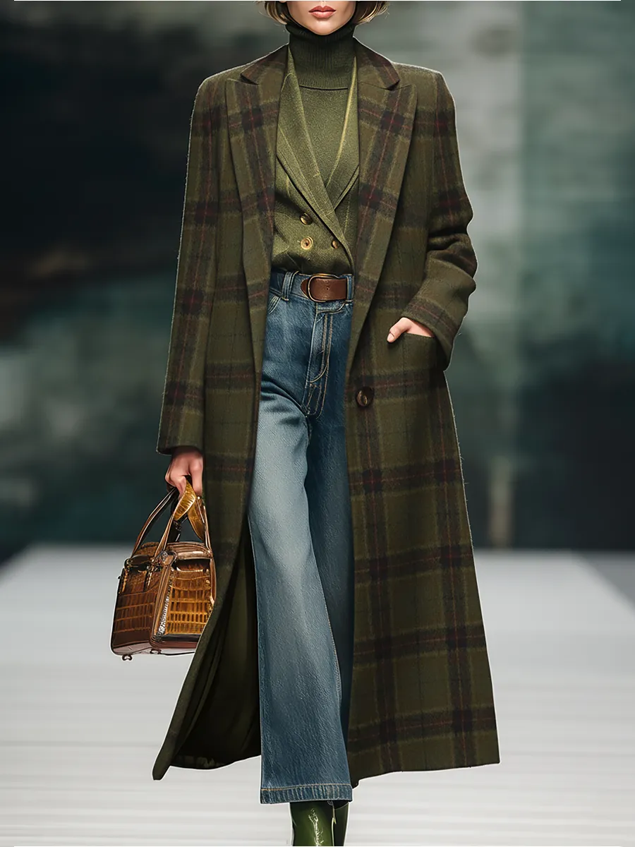 Retro Plaid Long Woolen Coat sold by Oyrosy