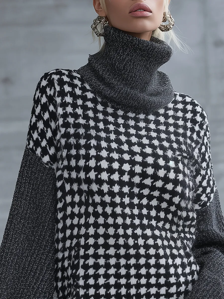High-end Stylish Gray High-neck Houndstooth Knit Mini Dress sold by Oyrosy product image thumbnail 3