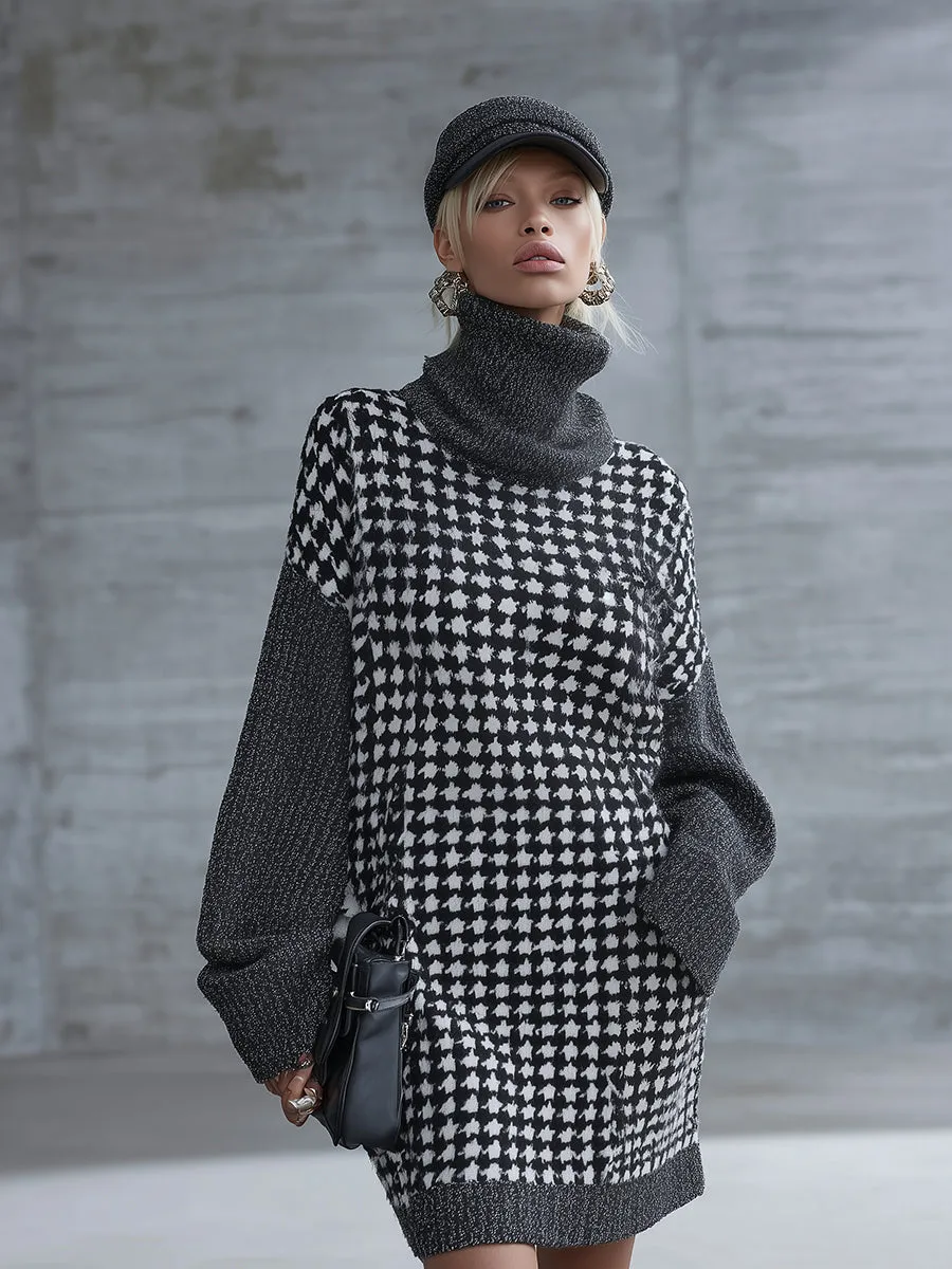 High-end Stylish Gray High-neck Houndstooth Knit Mini Dress sold by Oyrosy product image thumbnail 2