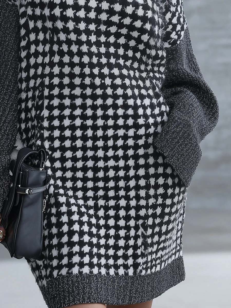 High-end Stylish Gray High-neck Houndstooth Knit Mini Dress sold by Oyrosy product image thumbnail 4